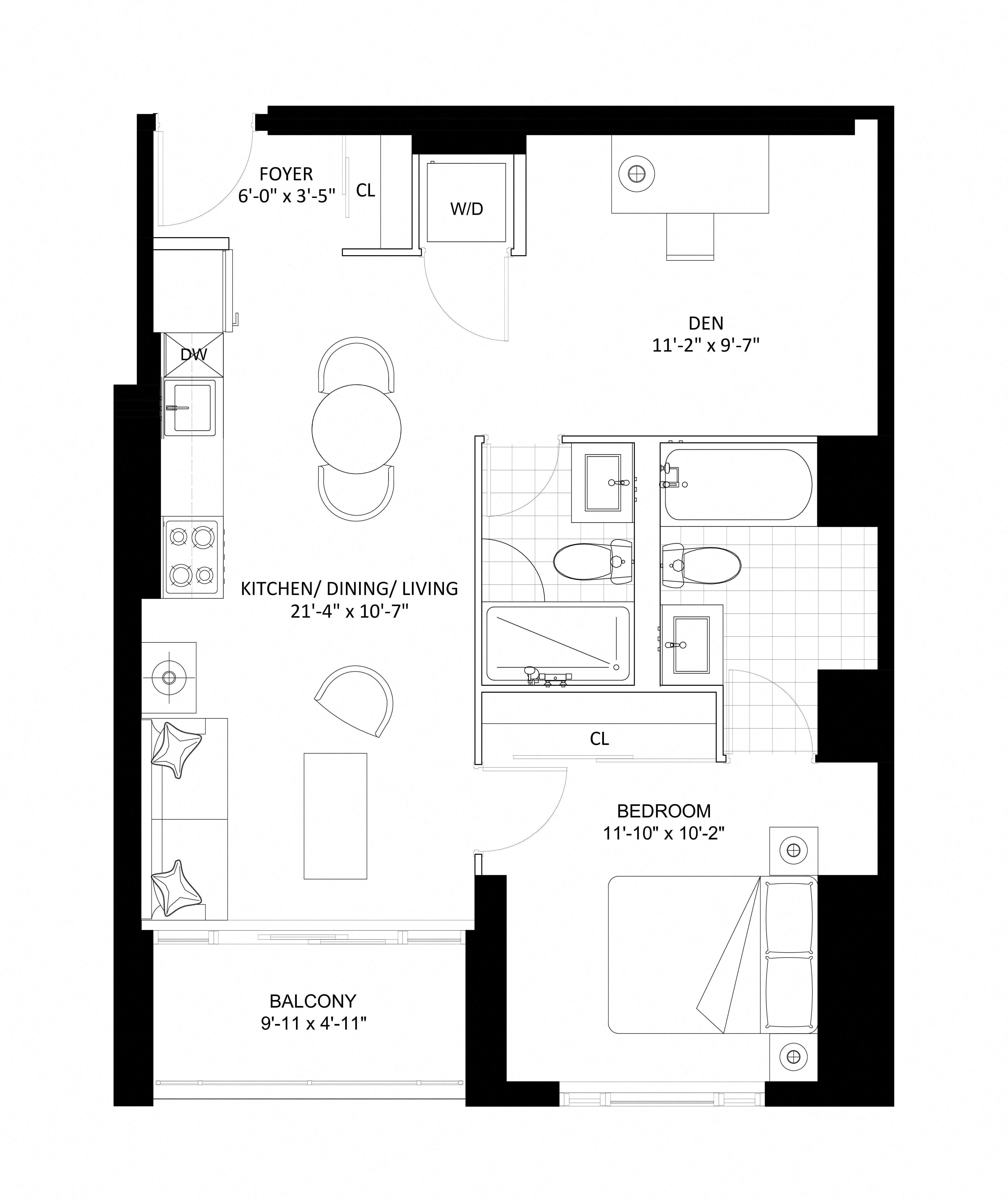Floor plan for 1 bed, 2 baths, 696 sqft